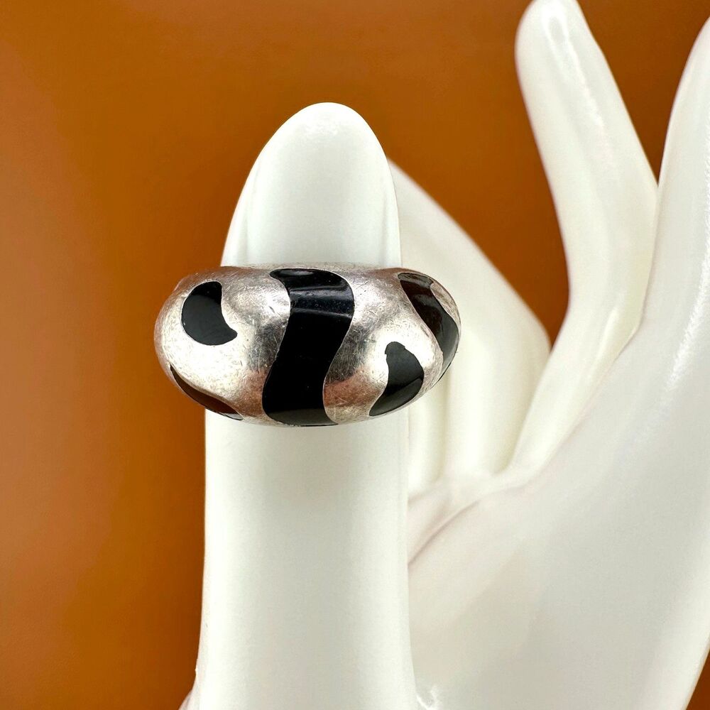 Vintage Sterling Silver Black Enamel Ring Tiger Stripes Inlay Size 6 Signed